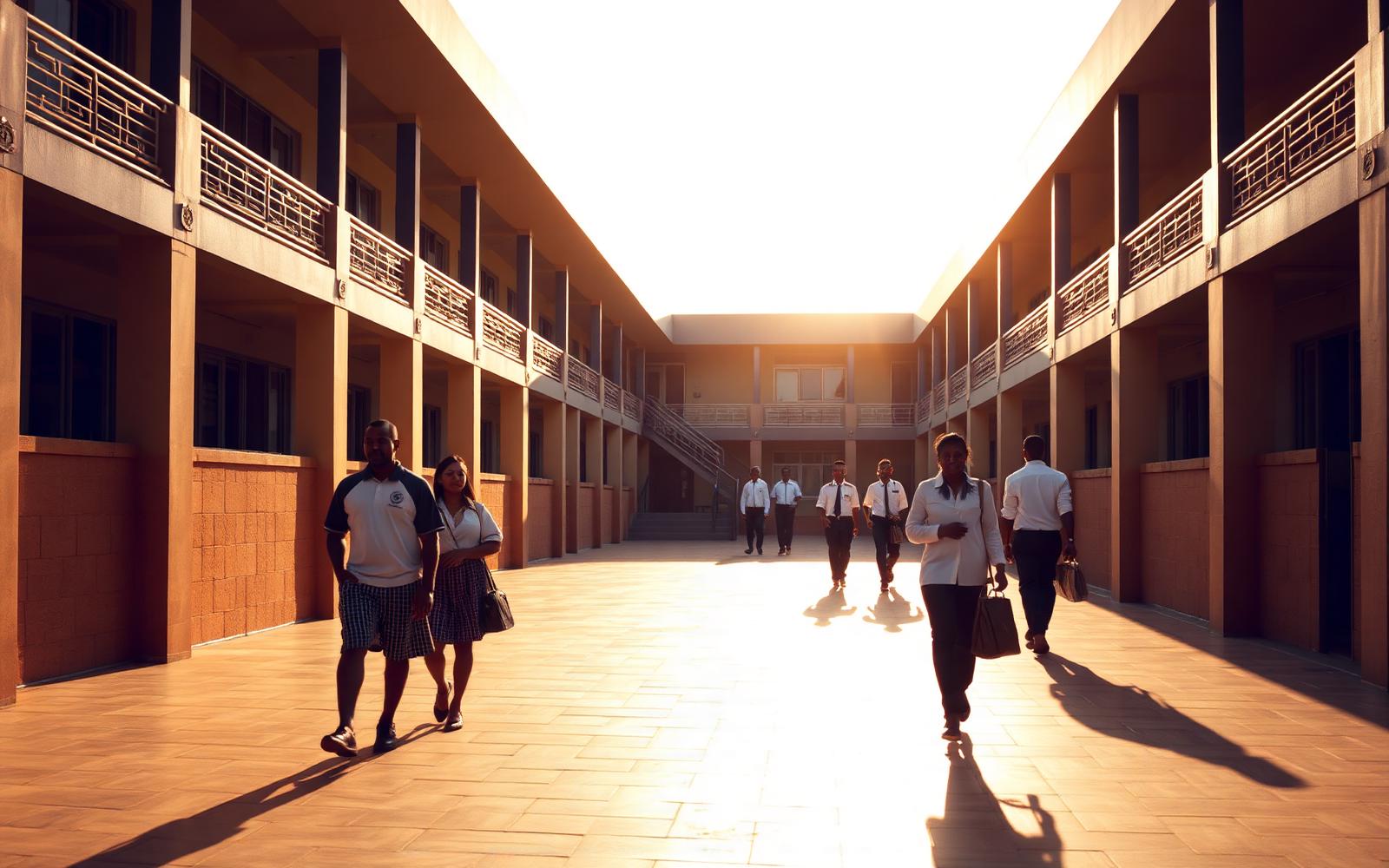 Students and teachers walking through a school courtyard at golden hour
